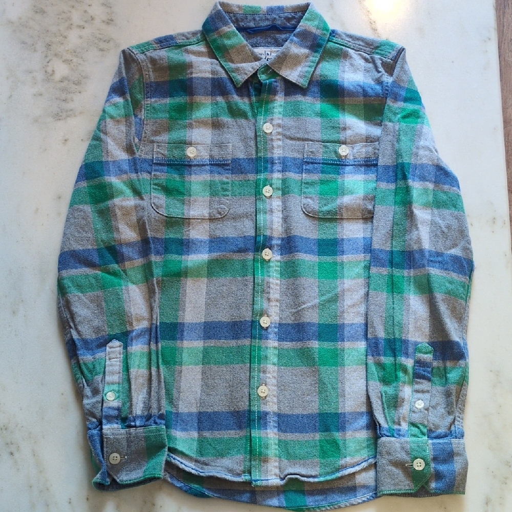 Mini Boden Plaid Flannel Shirt Green Blue Boys 9-10 Cotton